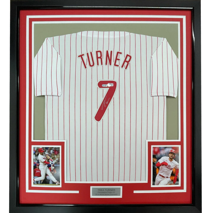 Framed Autographed/Signed Trea Turner 33x42 Pinstripe Jersey Beckett COA