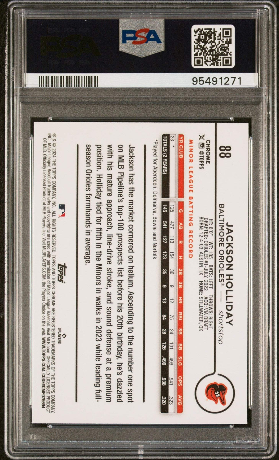 Graded 2024 Topps Chrome Jackson Holliday #88 Rookie RC Baseball Card PSA 10 Gem