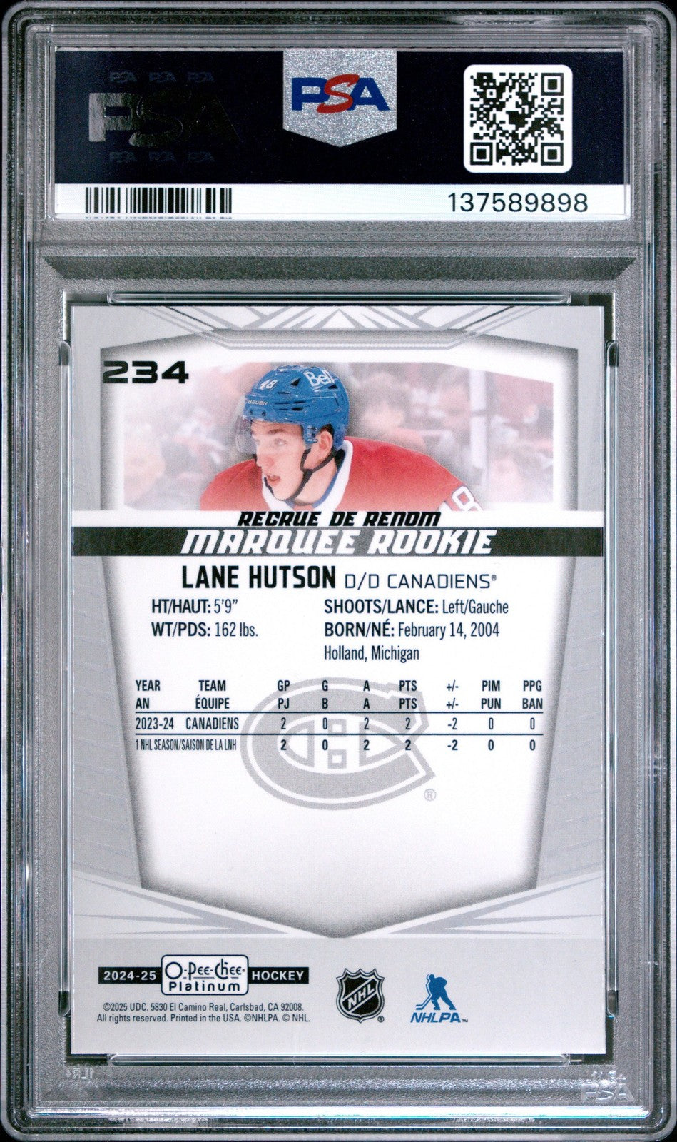 Graded 2024 O-Pee-Chee Platinum Lane Hutson #234 Rookie RC Card PSA 10
