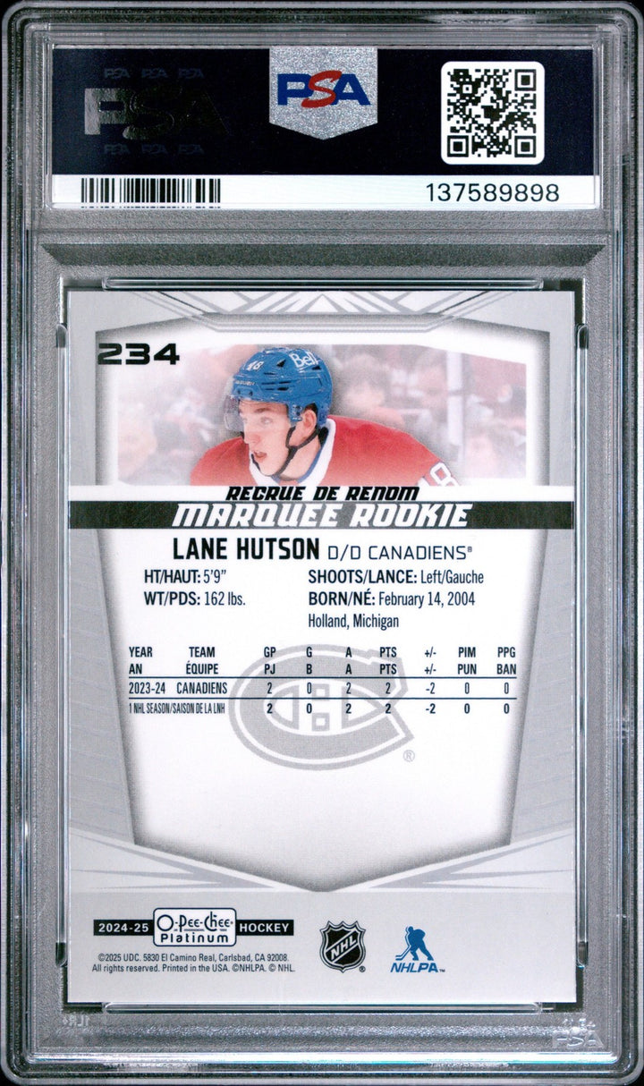 Graded 2024 O-Pee-Chee Platinum Lane Hutson #234 Rookie RC Card PSA 10