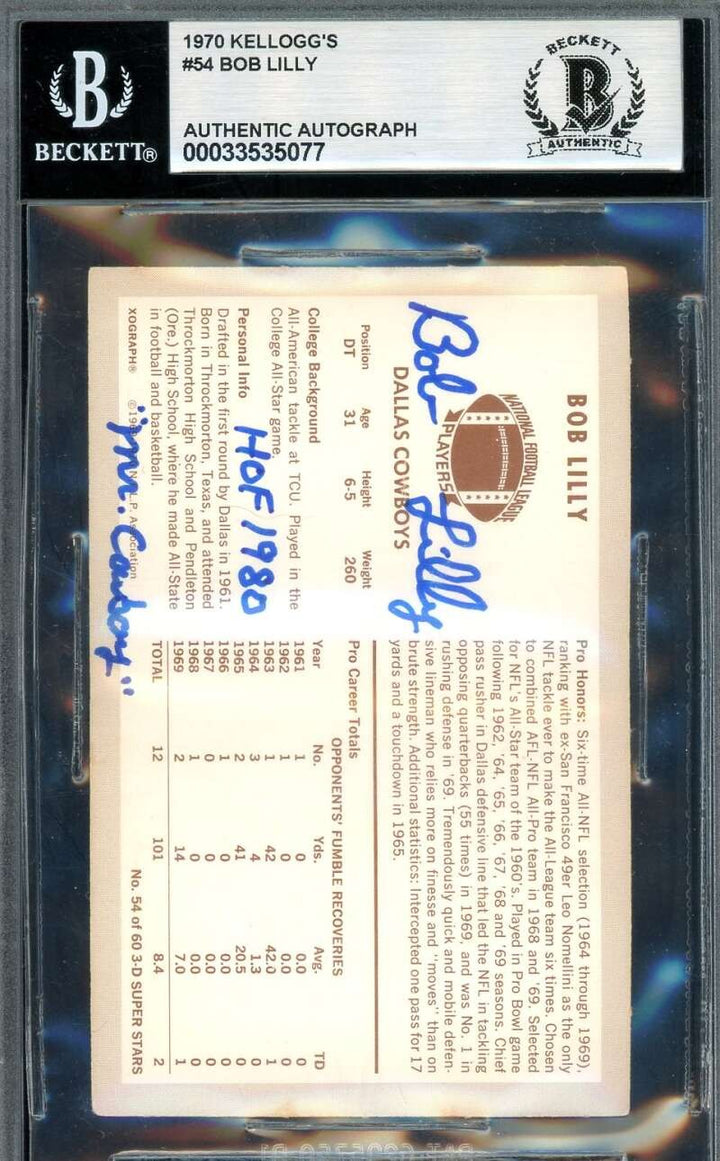 Bob Lilly Beckett BAS Signed 1970 Kellogg's 3D Autograph