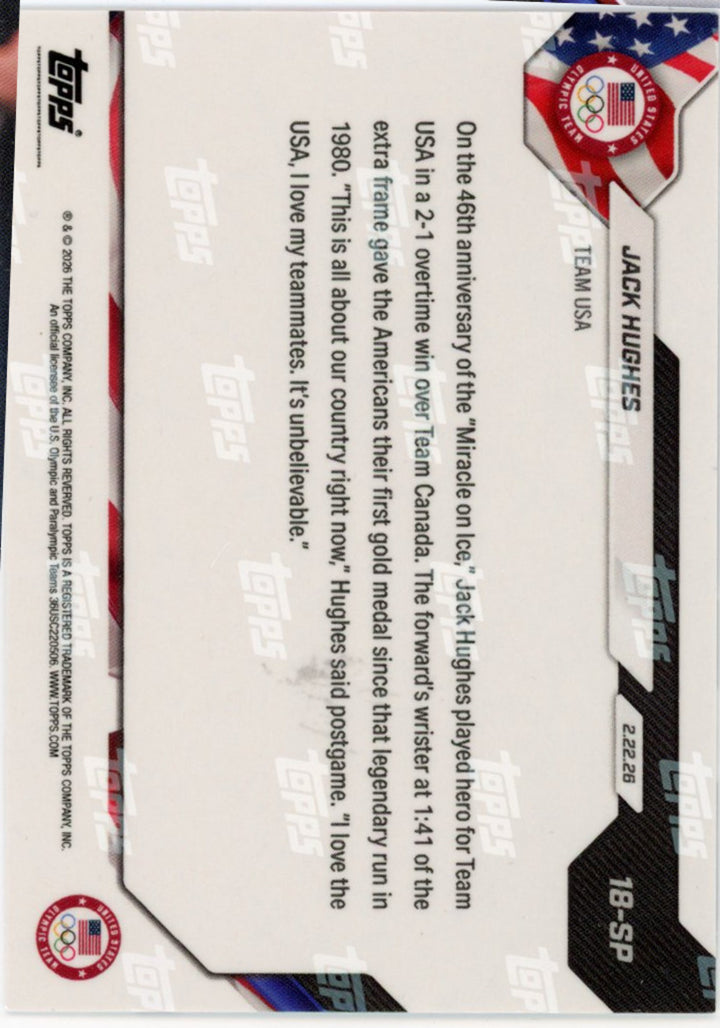 2026 Topps Now Olympics Jack Hughes #18-SP Image Variation Short Print USA Card