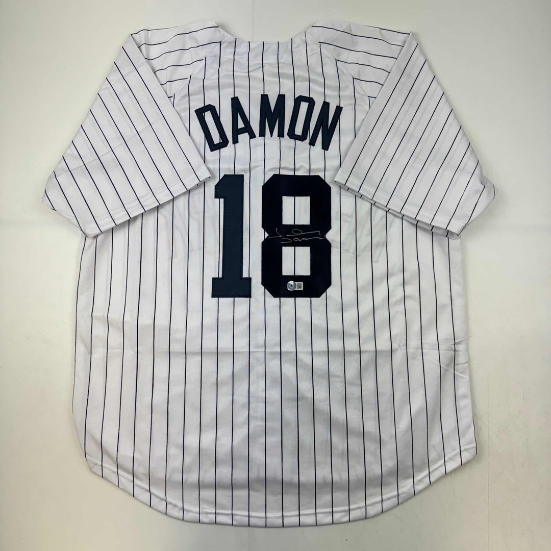 Autographed/Signed Johnny Damon New York Pinstripe Jersey Beckett COA