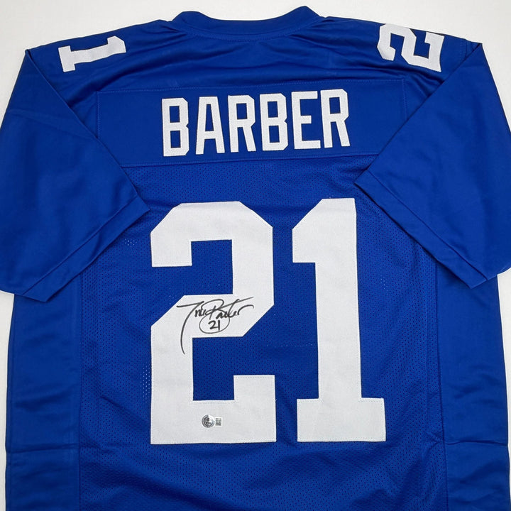 Autographed/Signed Tiki Barber New York Blue Football Jersey Beckett COA