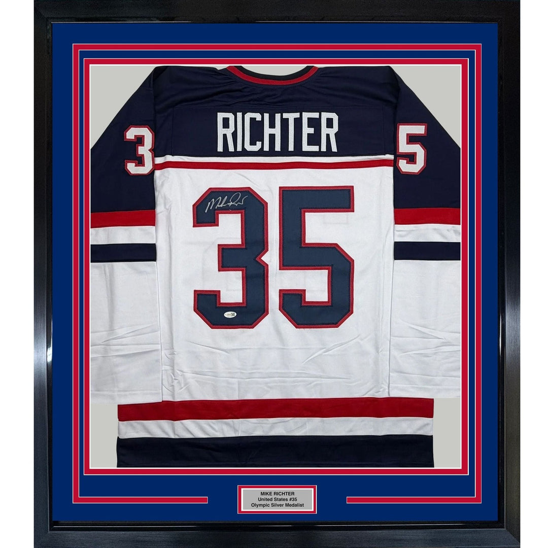 Framed Autographed/Signed Mike Richter 35x39 USA White Jersey JSA COA