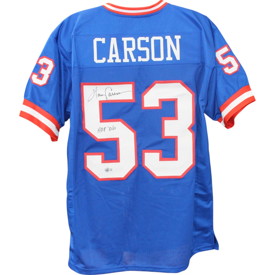 Harry Carson Autographed Pro Style Size XL Blue Jersey HOF Beckett Witness 50948