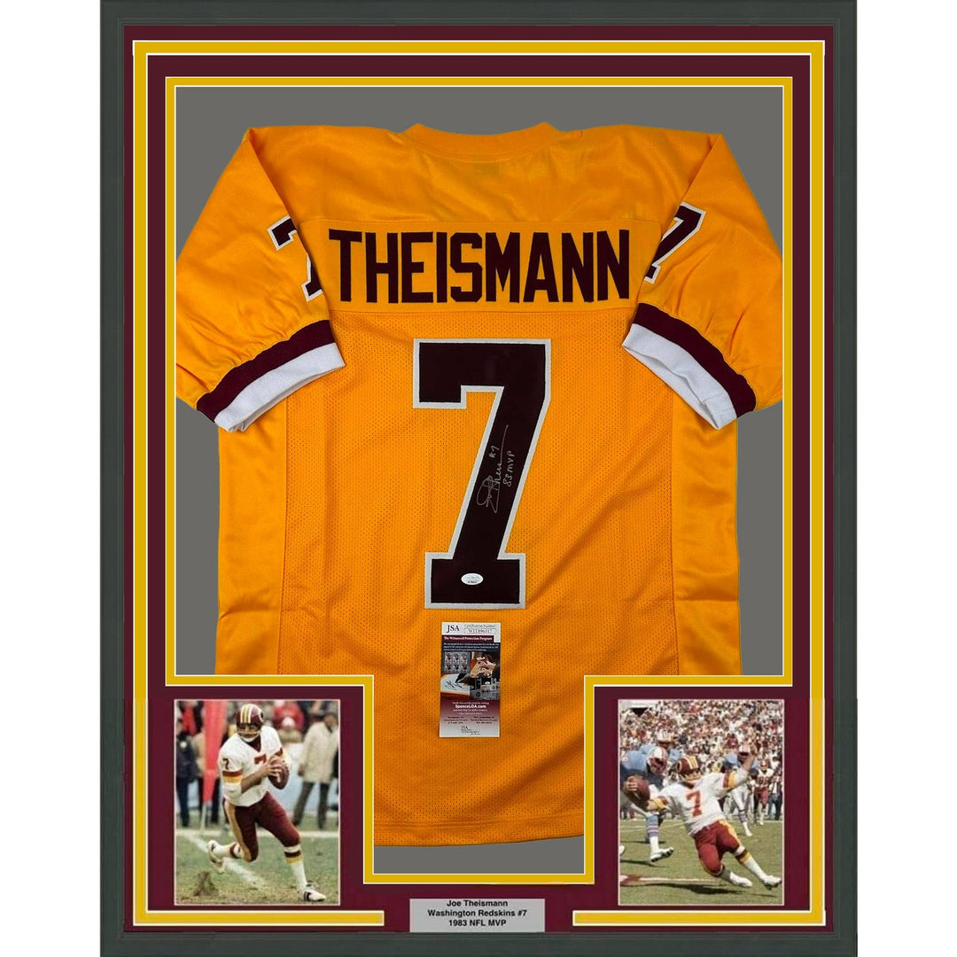 Framed Autographed/Signed Joe Theismann 35x39 83 MVP Yellow Jersey JSA COA