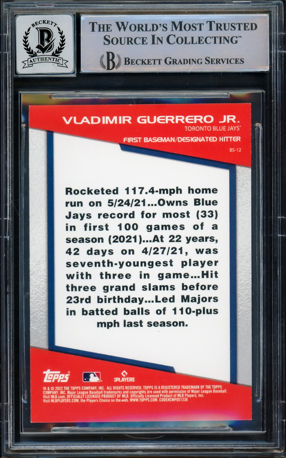 Vladimir Guerrero Jr. Signed 2022 Topps Opening Day Card BS-12 Sig 10 Beckett