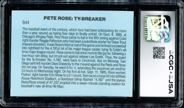 Pete Rose Signed 1986 Donruss Card 644 Cincinnati Reds CGC x JSA
