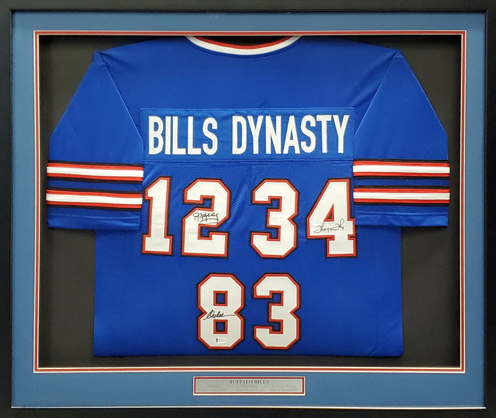 Bills Team Greats Signed Framed Blue Jersey With 3 Sigs Beckett BAS