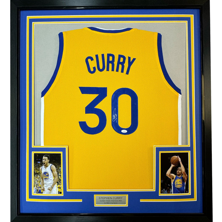Framed Autographed/Signed Stephen Steph Curry 33x42 Yellow Jersey JSA COA