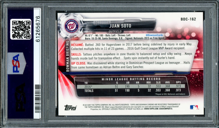 Juan Soto Auto 2017 Bowman Draft Chrome RC BDC162 Mets PSA 10 PSA/DNA #61265676