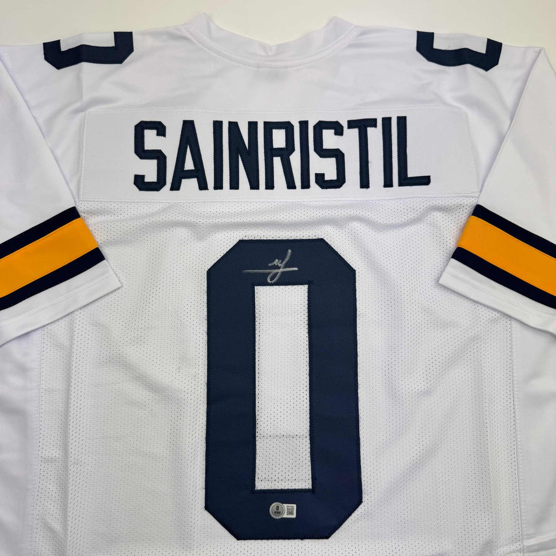 Autographed/Signed Mike Sainristil Michigan White College Jersey Beckett BAS COA