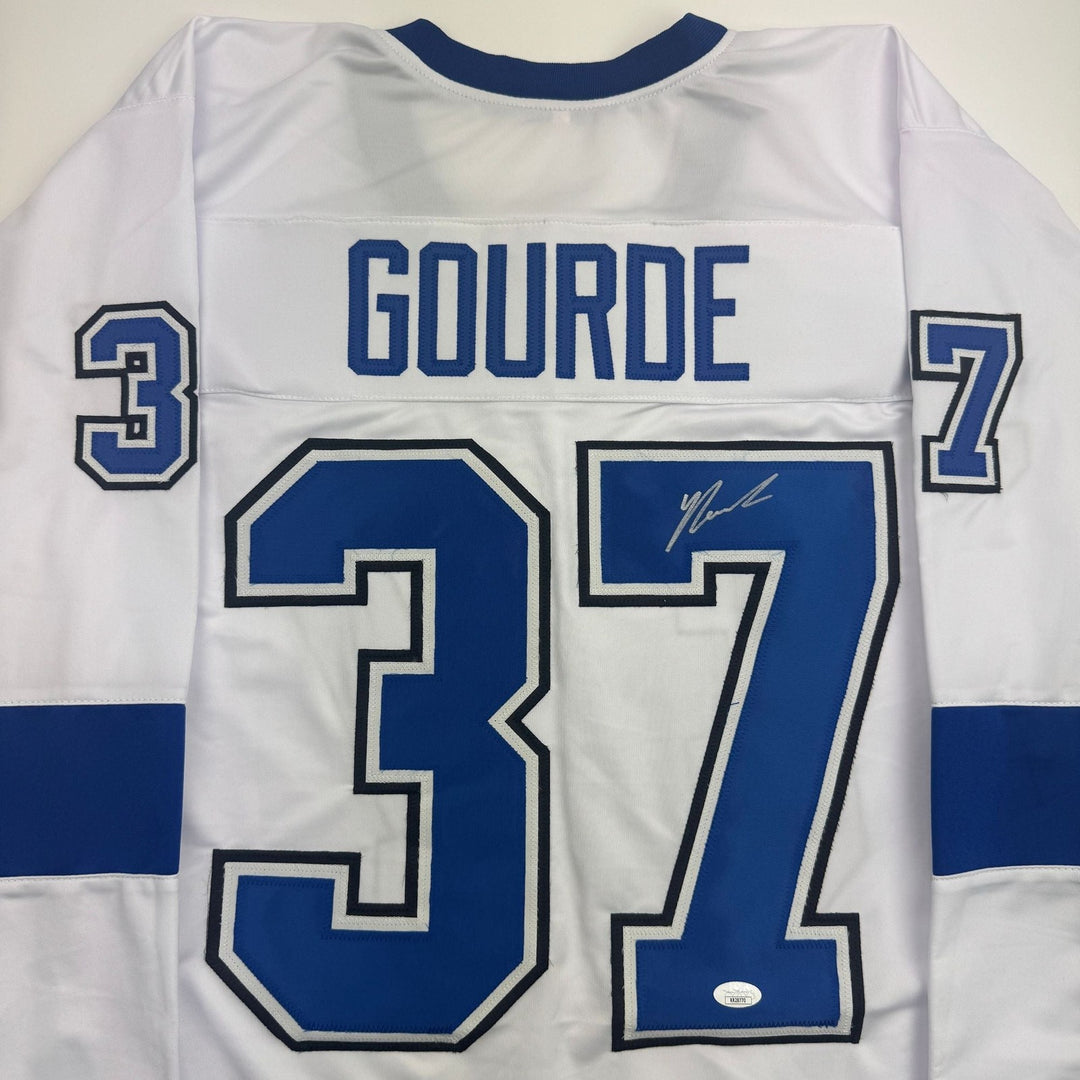 Autographed/Signed Yanni Gourde Tampa Bay White Hockey Jersey JSA COA