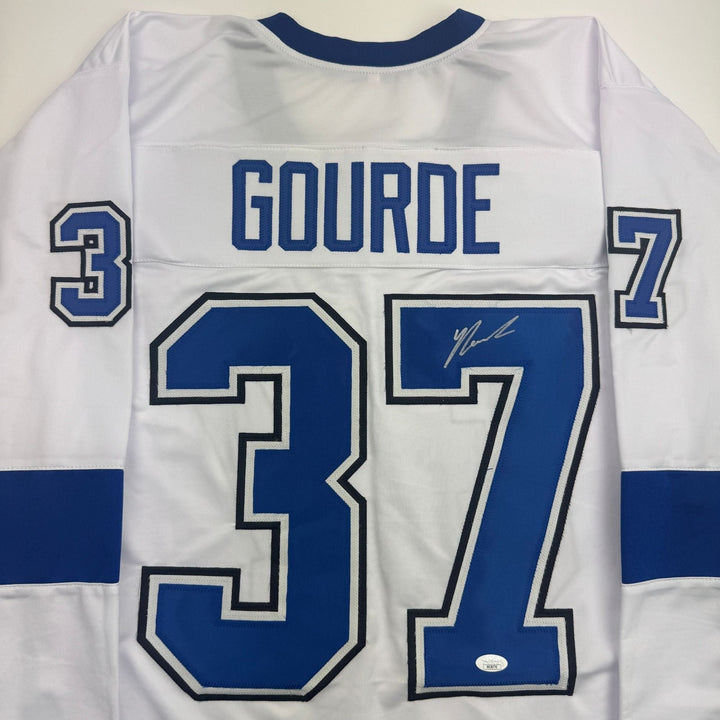 Autographed/Signed Yanni Gourde Tampa Bay White Hockey Jersey JSA COA