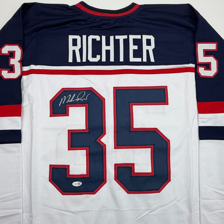 Autographed/Signed Mike Richter USA United States White Hockey Jersey JSA COA