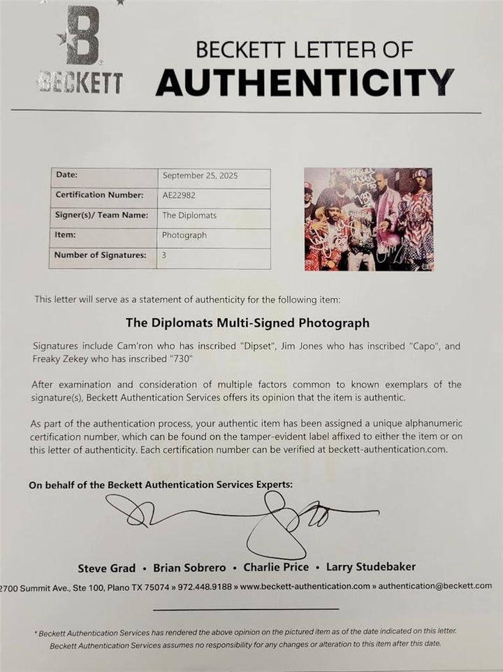 Diplomats signed 11x14 photo Cam'Ron Dipset Capo Zekey autograph Beckett BAS