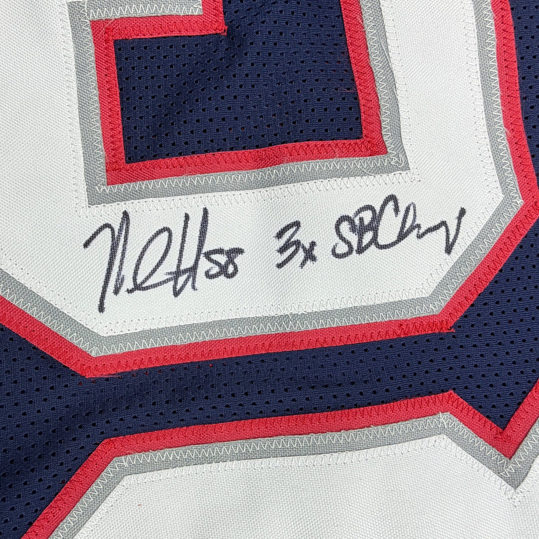 Autographed/Signed Matt Chatham 3x SB Champ New England Blue Jersey Beckett COA