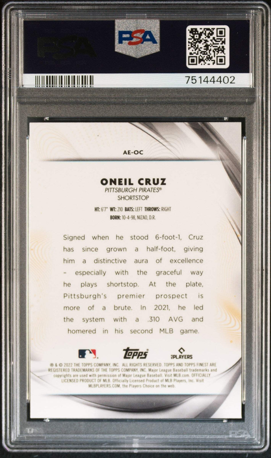 Graded 2022 Topps Finest Oneil Cruz #AEOC Aura Excellence Baseball Card PSA 10