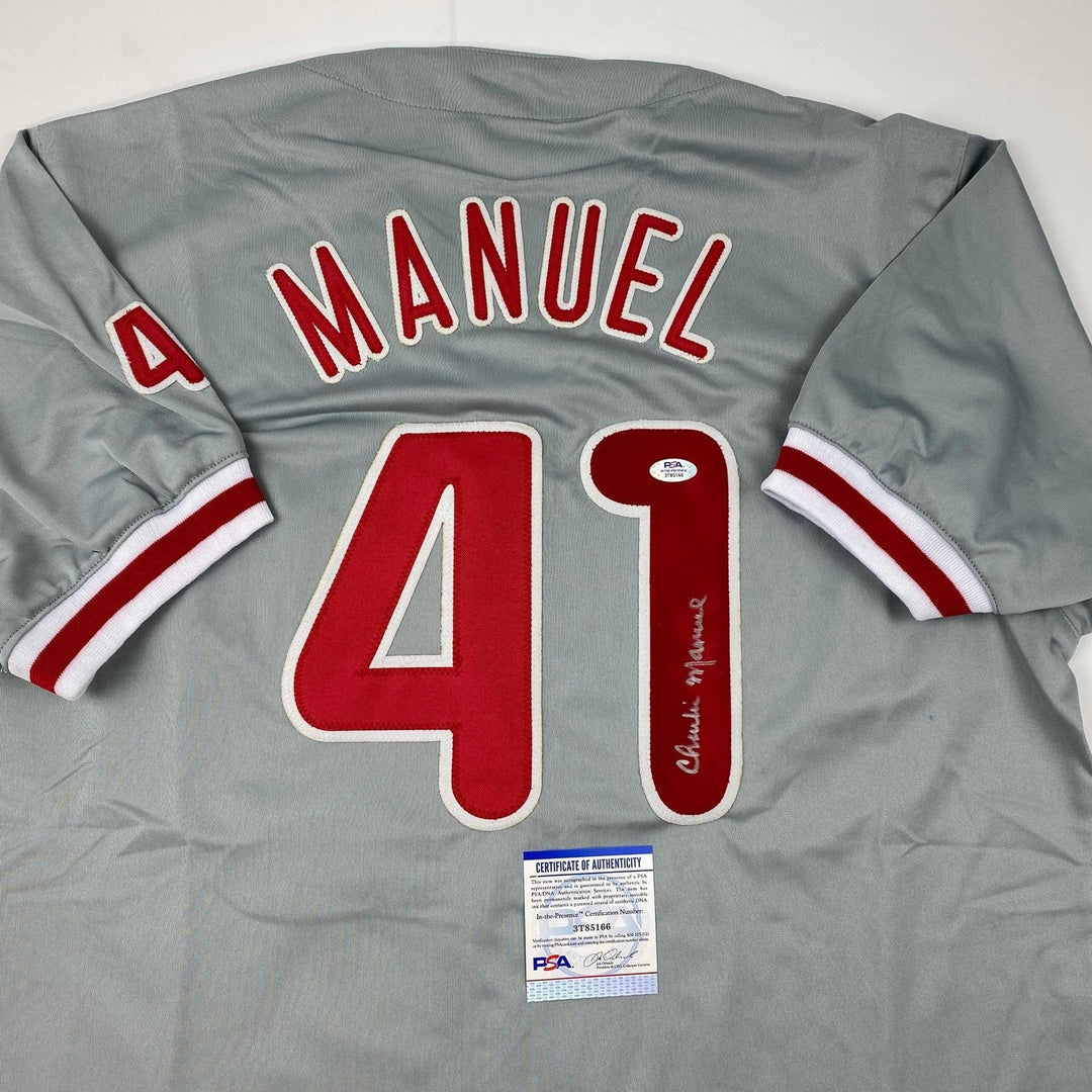 Autographed/Signed Charlie Manuel Philadelphia Grey Jersey PSA/DNA COA