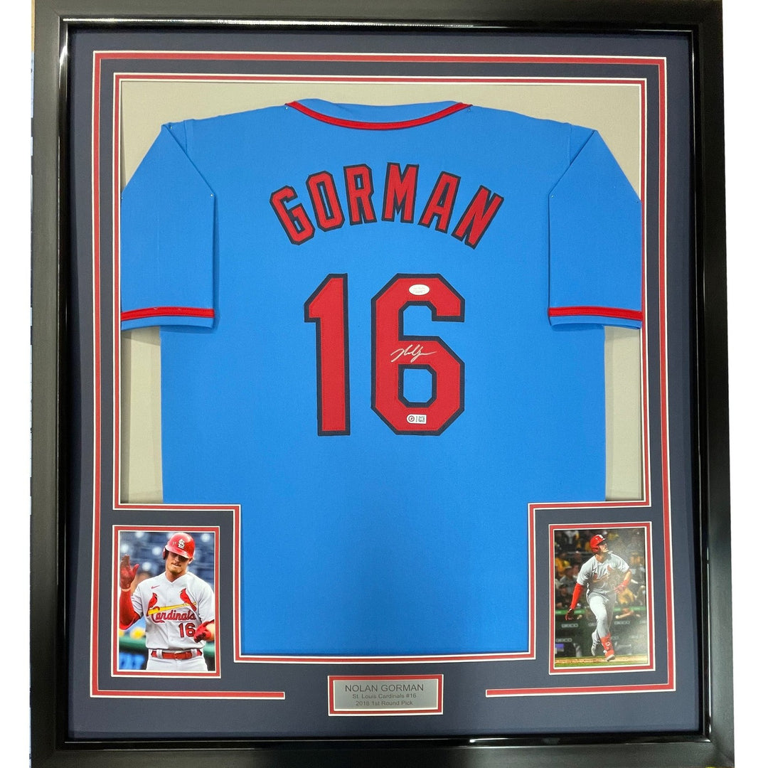 Framed Autographed/Signed Nolan Gorman 35x39 St. Louis Blue Jersey JSA COA