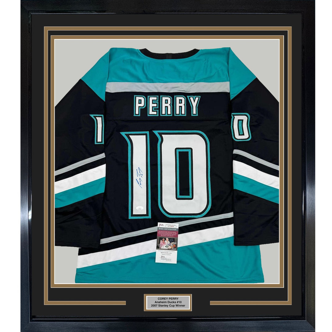 Framed Signed Corey Perry 35x39 Anaheim Black Retro Jersey JSA COA