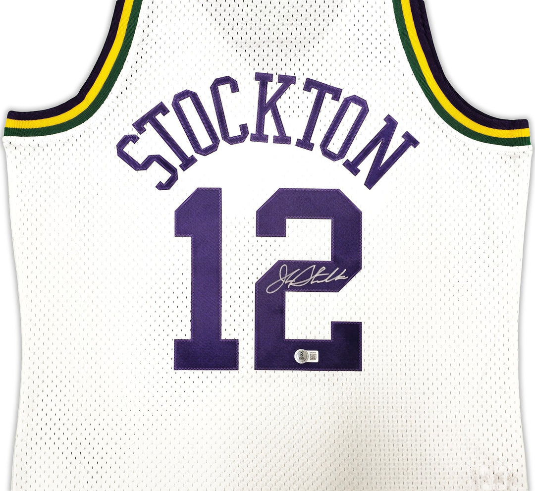 Jazz John Stockton Auto White AUTH Mitchell Ness 91-92 HWC Swingman Jersey L BAS