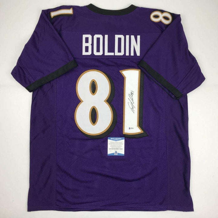 Autographed/Signed ANQUAN BOLDIN Baltimore Purple Jersey Beckett COA