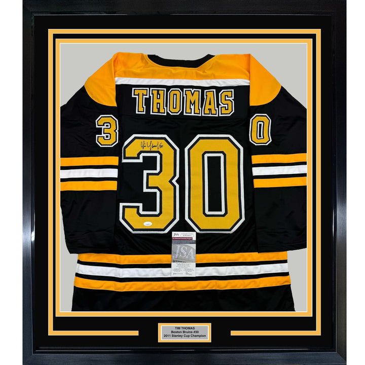 Framed Autographed/Signed Tim Thomas 35x39 Boston Black Hockey Jersey JSA COA
