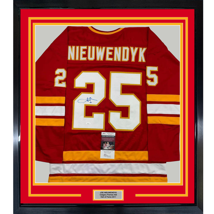 Framed Autographed/Signed Joe Nieuwendyk 35x39 Calgary Red Hockey Jersey JSA COA