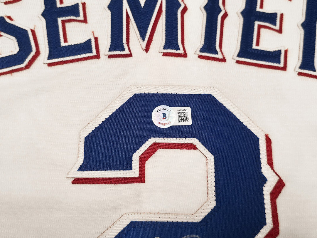 Rangers Marcus Semien Signed White Nike Jersey Size L "23 WS Champs" Beckett Wit