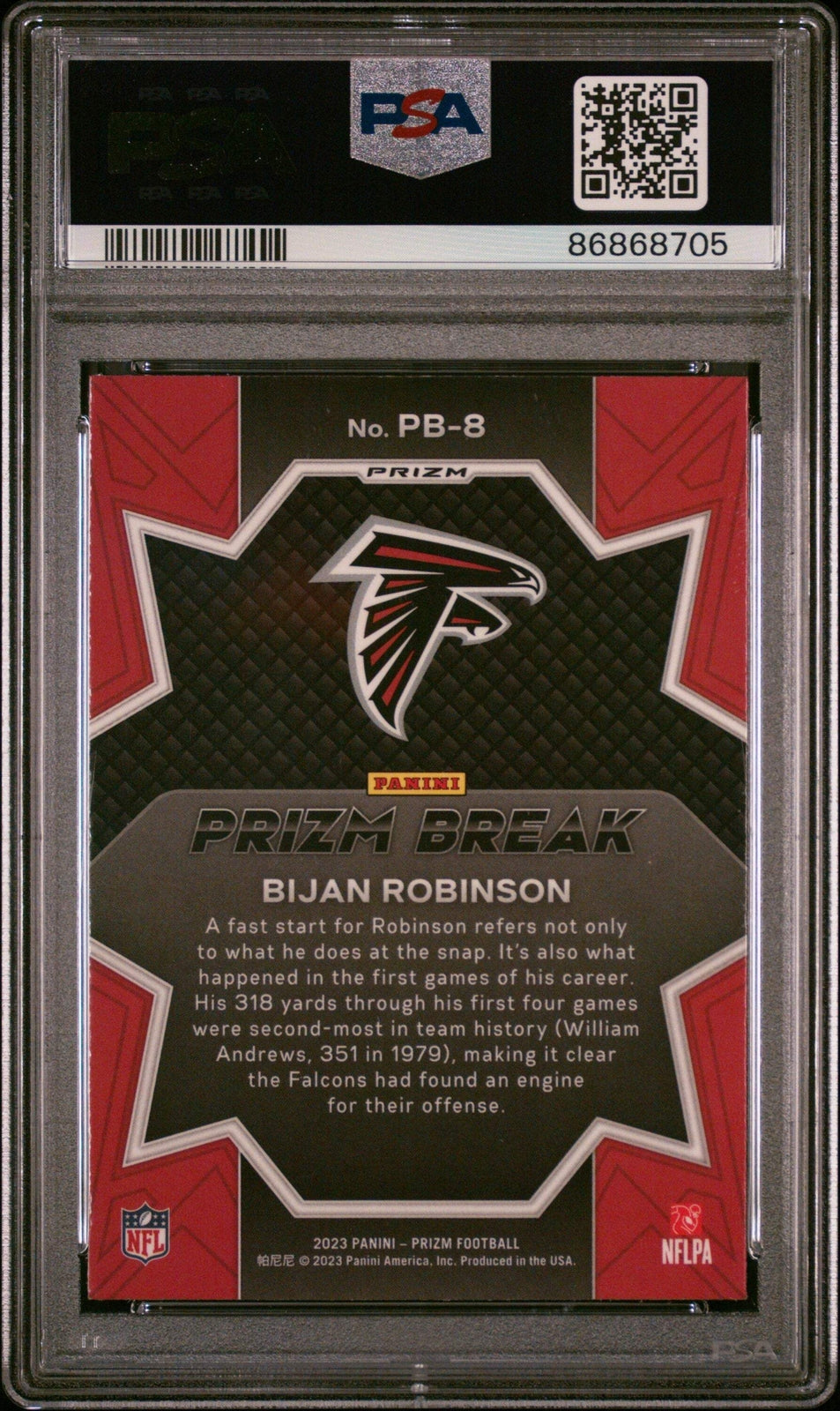 Graded 2023 Prizm Bijan Robinson #PB8 Prizm BRK Green RC Football Card PSA 10