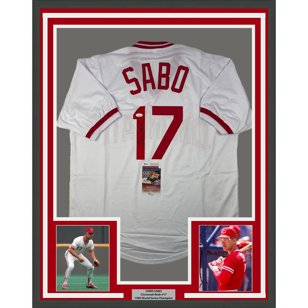 Framed Autographed/Signed Chris Sabo 35x39 White Baseball Jersey JSA COA