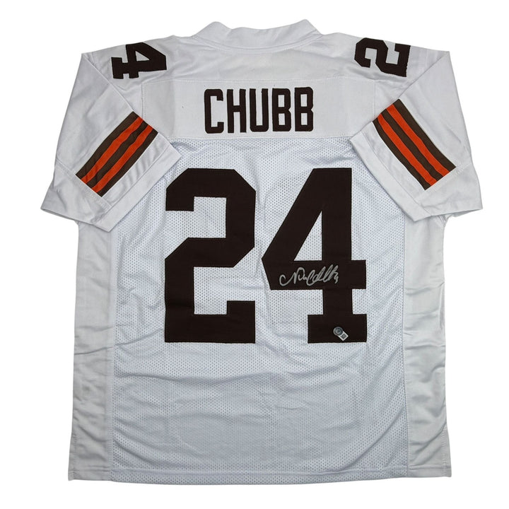 Autographed/Signed Nick Chubb Cleveland White Football Jersey Beckett COA