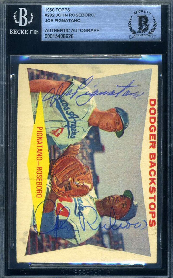 John Roseboro Joe Pignatano Beckett Signed 1960 Topps Dodger Backstops Autograph