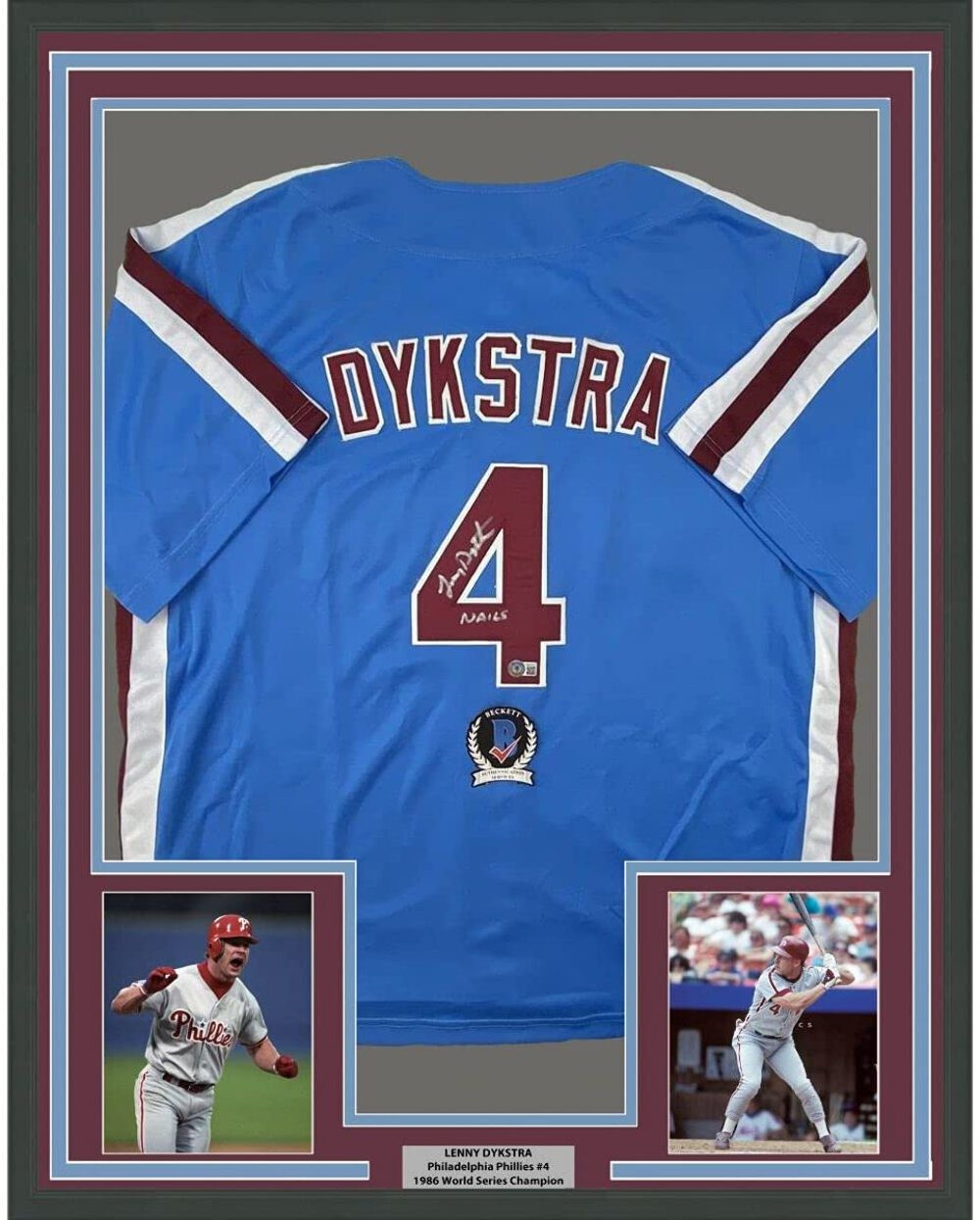 FRAMED Autographed/Signed LENNY DYKSTRA Nails 33x42 Blue Retro Jersey JSA COA