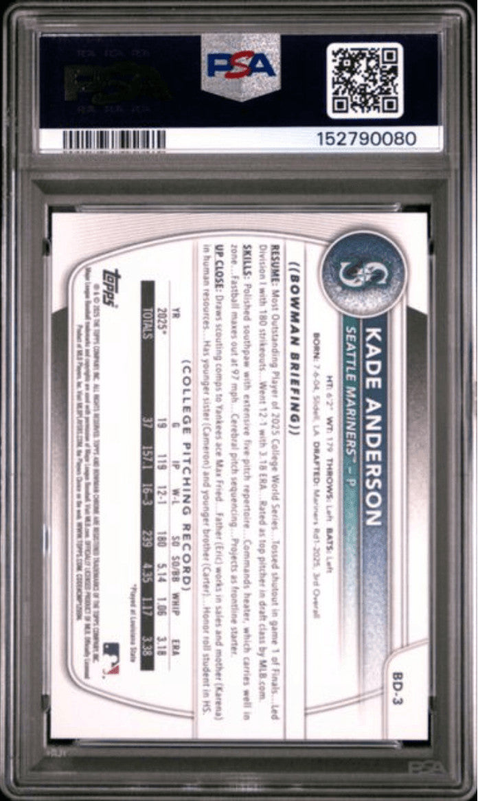 Graded 2025 Topps Bowman Draft Kade Anderson #BD3 Rookie RC Card PSA 9