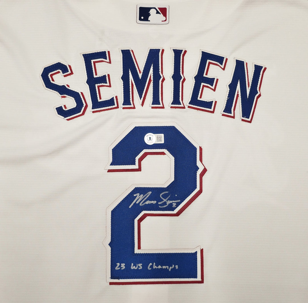 Rangers Marcus Semien Auto White Nike Jersey Size XXL "23 WS Champs" Beckett Wit