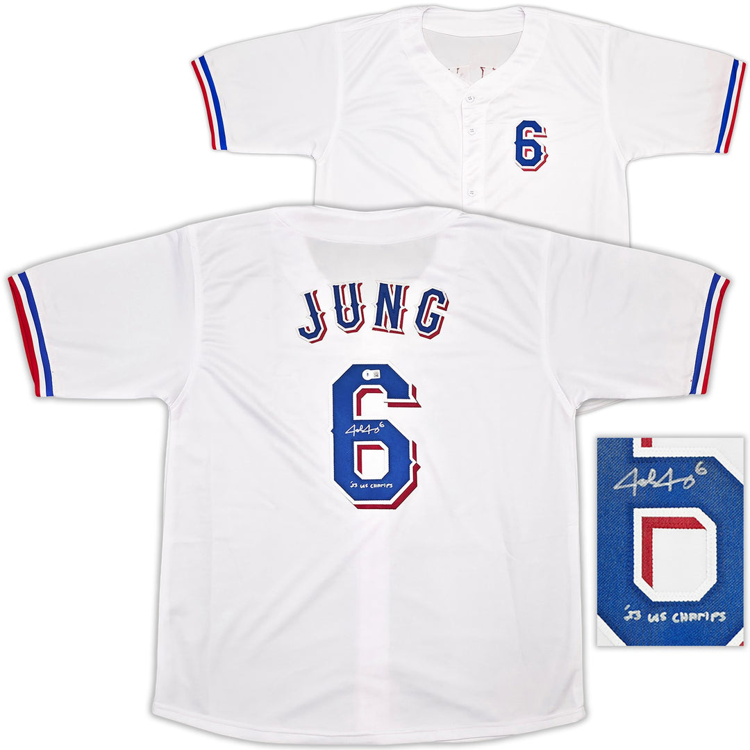Texas Rangers Josh Jung Signed White Jersey "23 WS Champs" Beckett Witness