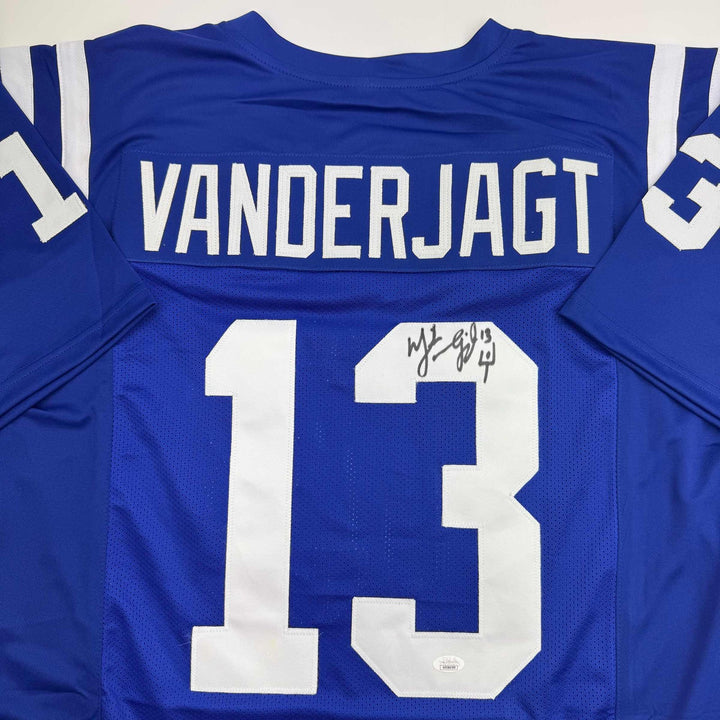 Autographed/Signed Mike Vanderjagt Indianapolis Blue Football Jersey JSA COA