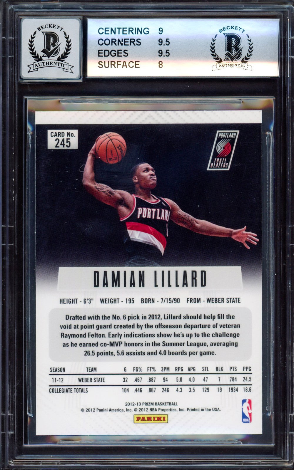 Damian Lillard Auto Signed 2012-13 Panini Prizm RC 245 BGS 8.5 Sig 10 Beckett
