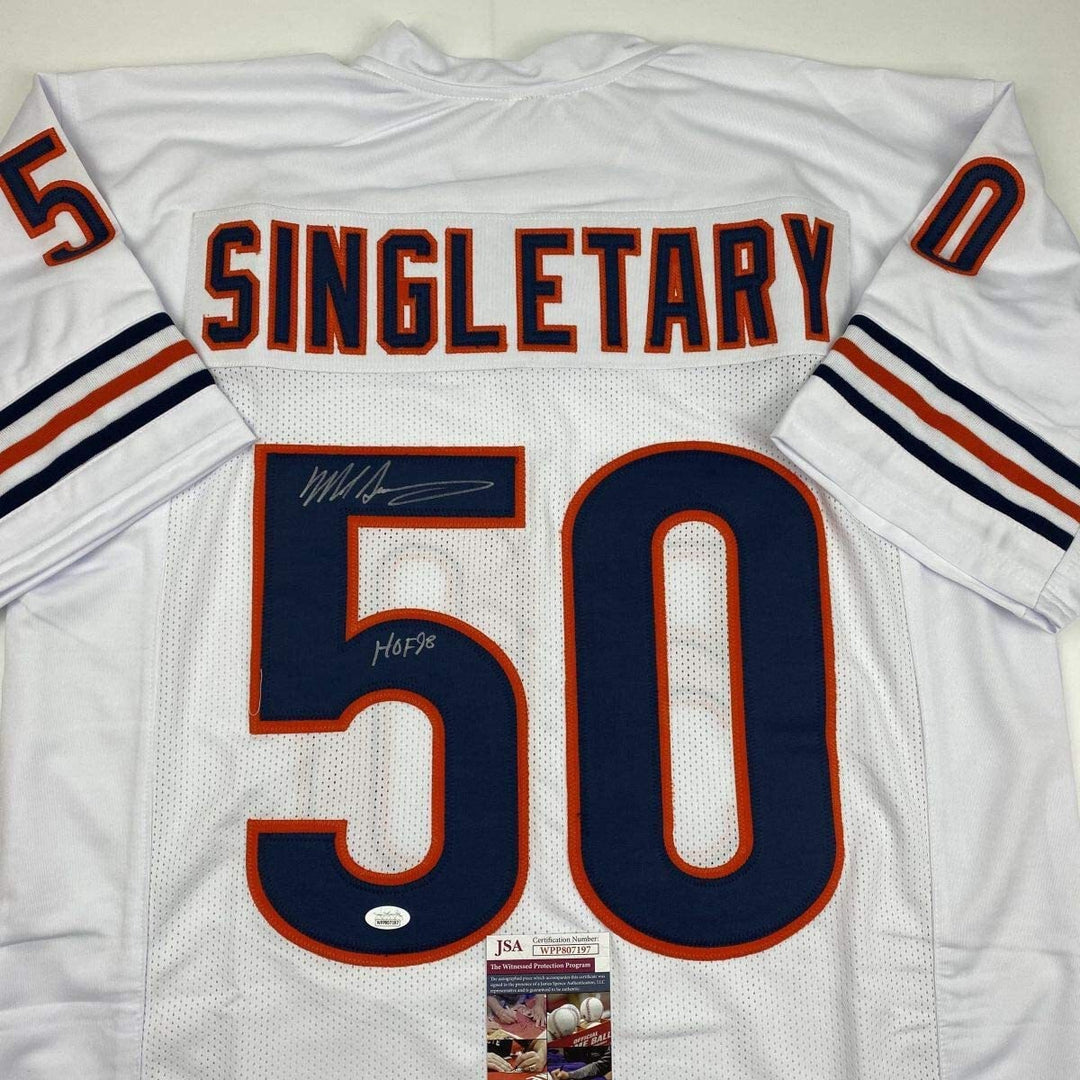 Autographed/Signed MIKE SINGLETARY HOF 98 Chicago White Football Jersey JSA COA