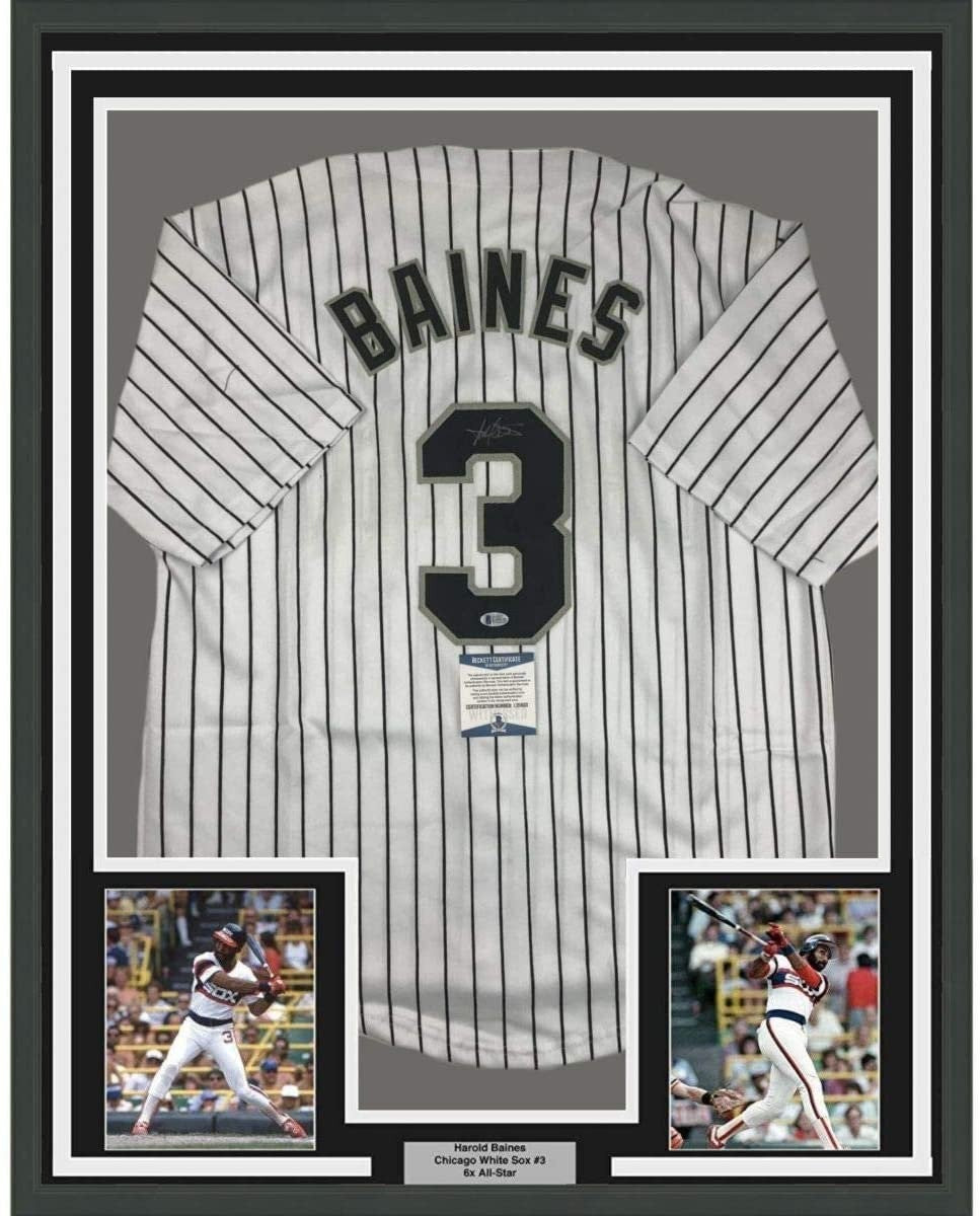 FRAMED Autographed/Signed HAROLD BAINES 33x42 Chicago Pinstripe Jersey COA