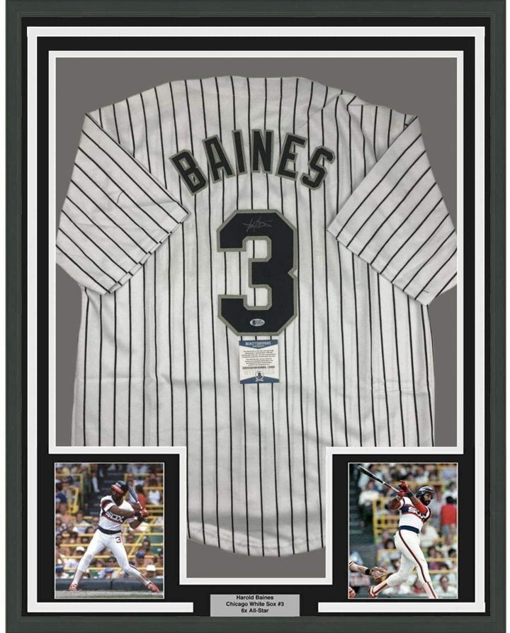 FRAMED Autographed/Signed HAROLD BAINES 33x42 Chicago Pinstripe Jersey COA