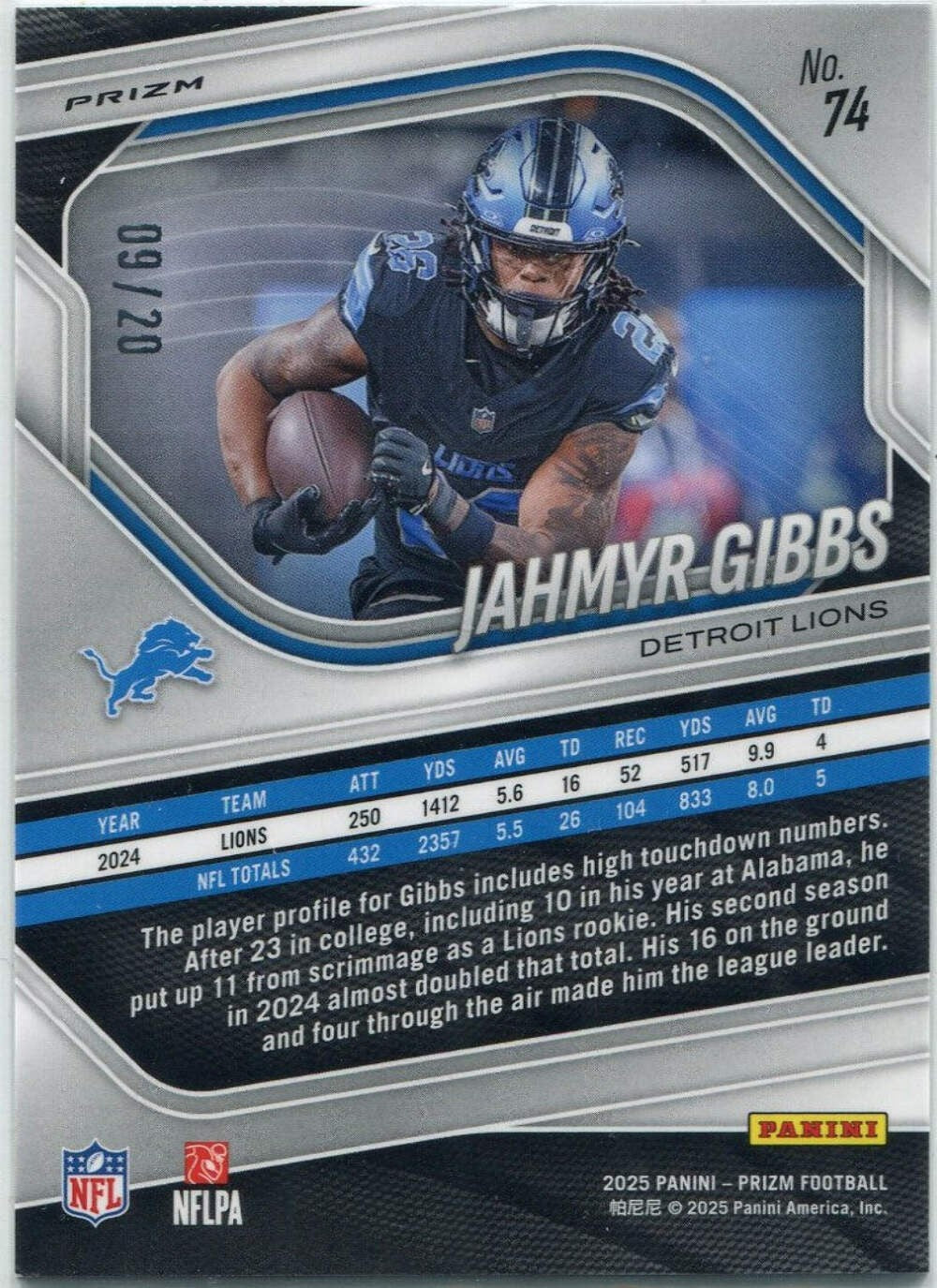 Jahmyr Gibbs 2025 Panini Prizm Logo Prizm Card #74 9/20