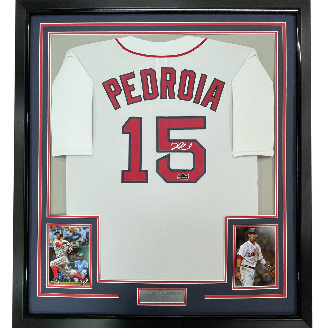 Framed Facsimile Autographed Dustin Pedroia 33x42 Reprint Laser Auto Jersey