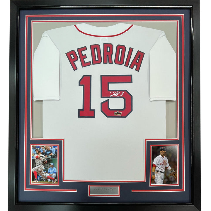 Framed Facsimile Autographed Dustin Pedroia 33x42 Reprint Laser Auto Jersey