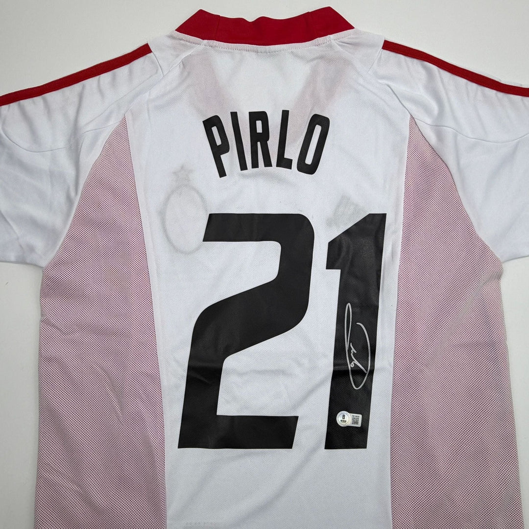 Autographed/Signed Andrea Pirlo AC Milan White Soccer Jersey Beckett BAS COA