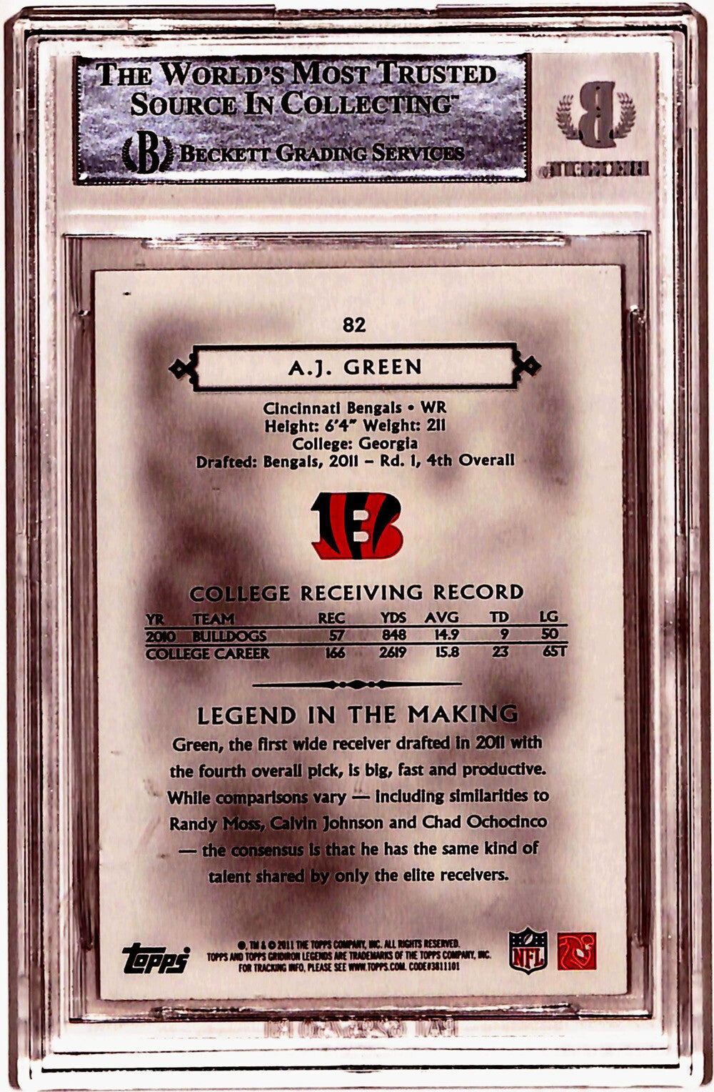 AJ Green Autographed 2011 Topps Legends #82 Rookie Card Beckett Slab 40753