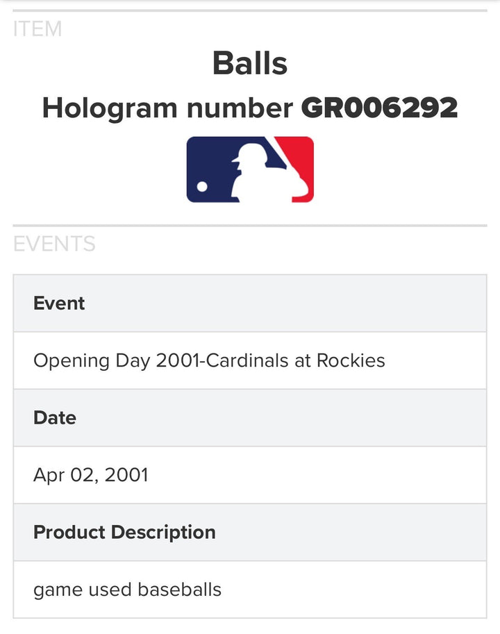 Albert Pujols 1st Hit & Game Used 2001 Logo Baseball Rookie Cardinals Auto MLB